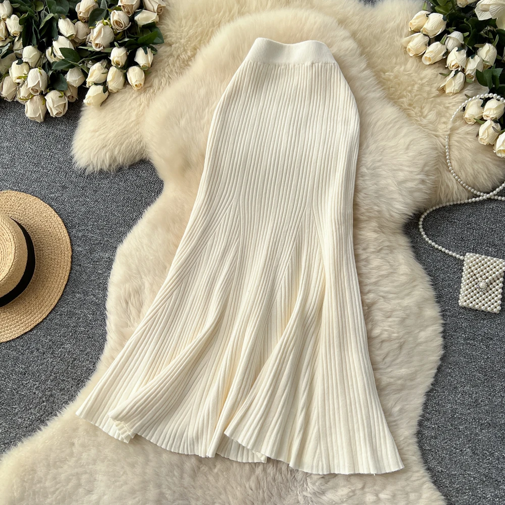 SINGREINY Female French Knitted Mermaid Skirt Autumn Stretch High Waist Rib Knit Classy Winter Thick Versatile Basics Long Skirt