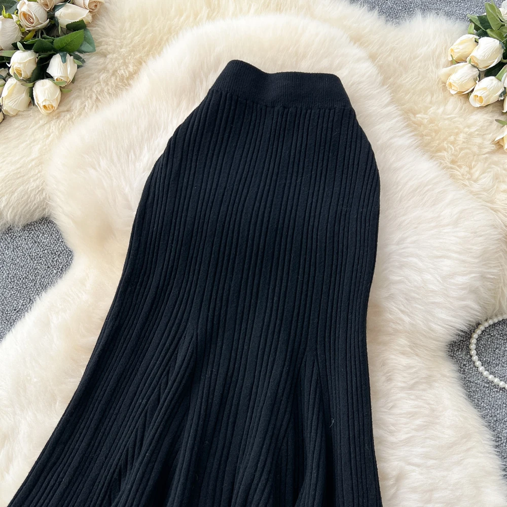 SINGREINY Female French Knitted Mermaid Skirt Autumn Stretch High Waist Rib Knit Classy Winter Thick Versatile Basics Long Skirt