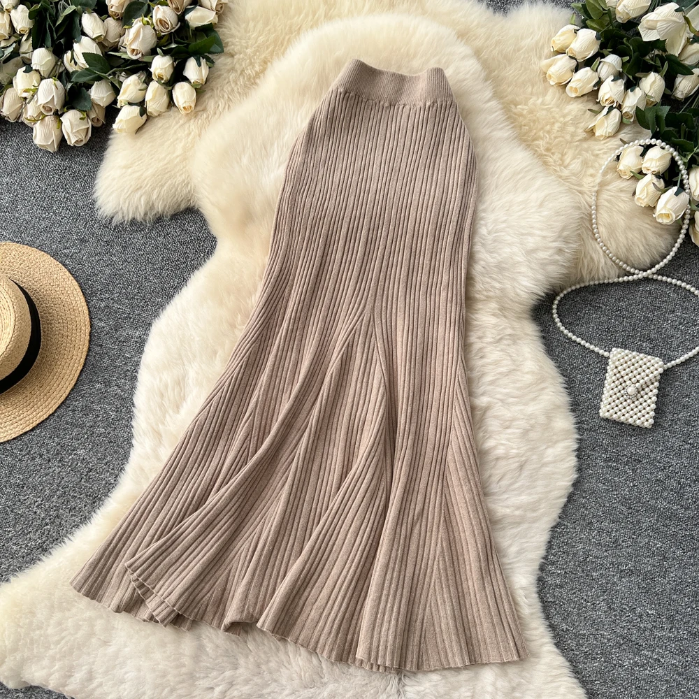 SINGREINY Female French Knitted Mermaid Skirt Autumn Stretch High Waist Rib Knit Classy Winter Thick Versatile Basics Long Skirt