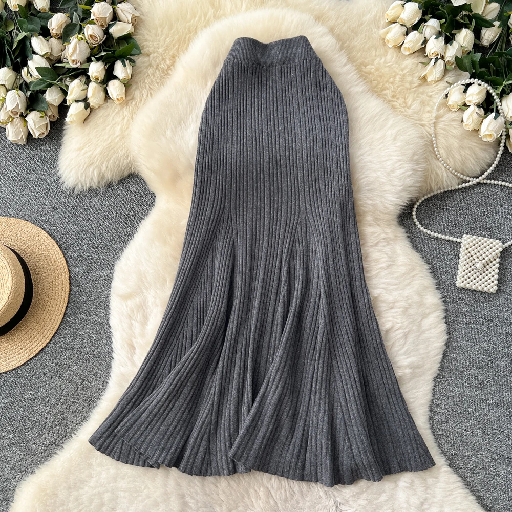 SINGREINY Female French Knitted Mermaid Skirt Autumn Stretch High Waist Rib Knit Classy Winter Thick Versatile Basics Long Skirt