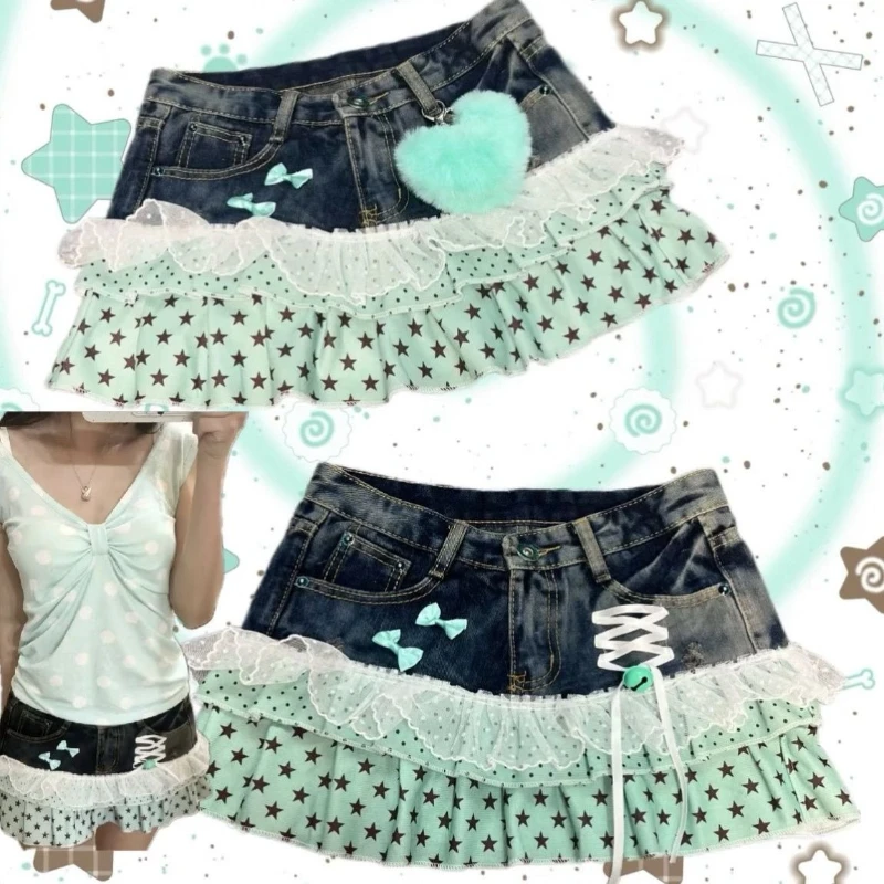 Y2k Vintage Hot Girl Star & Polka Dot Patchwork Denim Mini Skirt Women Streetwear American Retro Bodycon Spring Summer 2026