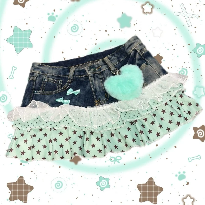 Y2k Vintage Hot Girl Star & Polka Dot Patchwork Denim Mini Skirt Women Streetwear American Retro Bodycon Spring Summer 2026