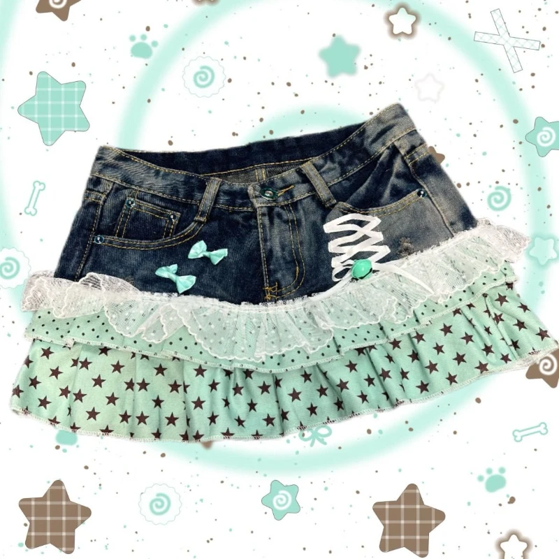 Y2k Vintage Hot Girl Star & Polka Dot Patchwork Denim Mini Skirt Women Streetwear American Retro Bodycon Spring Summer 2026
