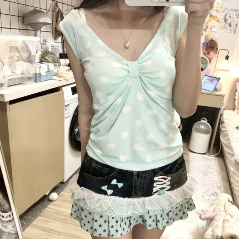 Y2k Vintage Hot Girl Star & Polka Dot Patchwork Denim Mini Skirt Women Streetwear American Retro Bodycon Spring Summer 2026