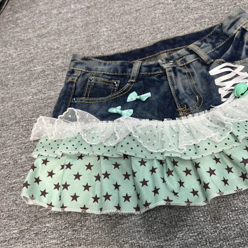 Y2k Vintage Hot Girl Star & Polka Dot Patchwork Denim Mini Skirt Women Streetwear American Retro Bodycon Spring Summer 2026