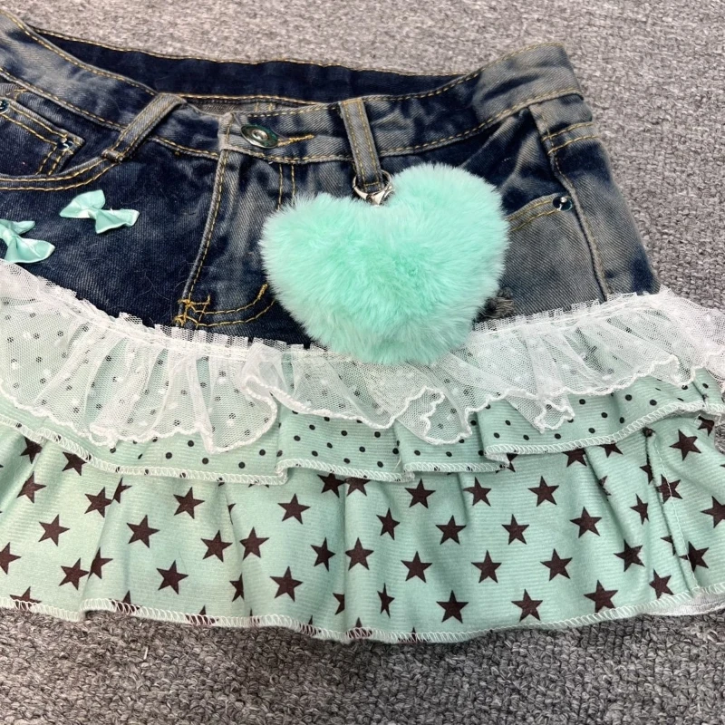 Y2k Vintage Hot Girl Star & Polka Dot Patchwork Denim Mini Skirt Women Streetwear American Retro Bodycon Spring Summer 2026
