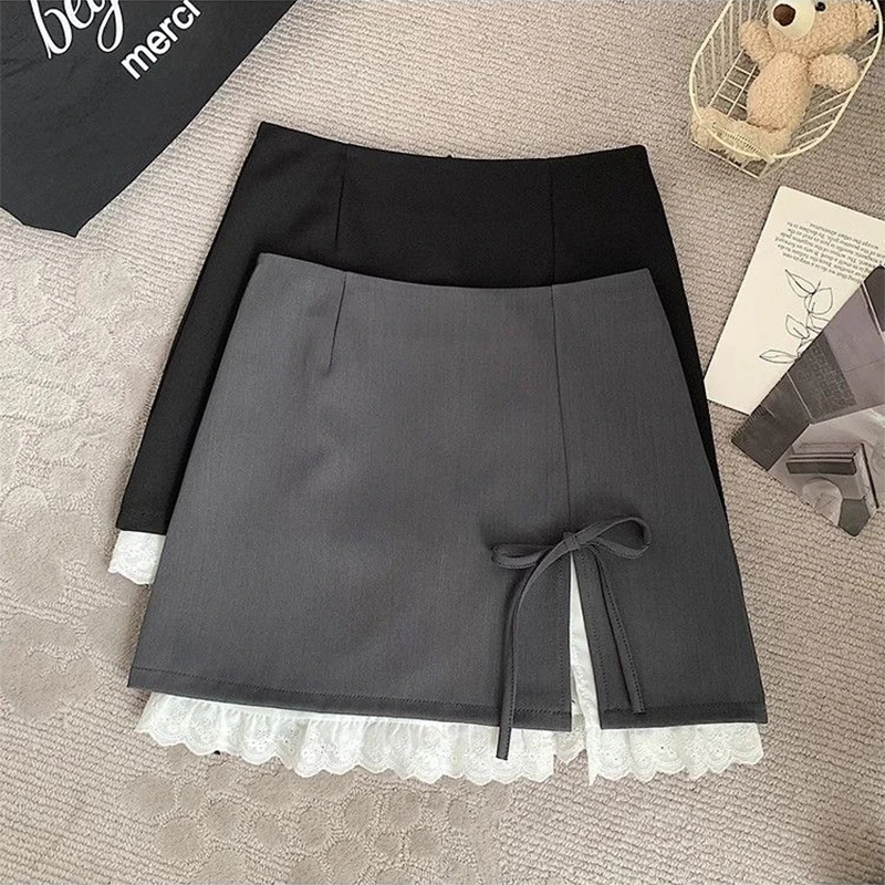 Sweet Bow Lace Up Women Mini Skirt Korean Elegant Spliced Lace Design A-line Skirt Stylish High Waist Slimming Female Slit Skirt