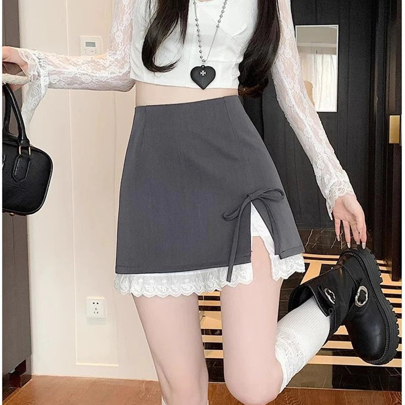 Sweet Bow Lace Up Women Mini Skirt Korean Elegant Spliced Lace Design A-line Skirt Stylish High Waist Slimming Female Slit Skirt