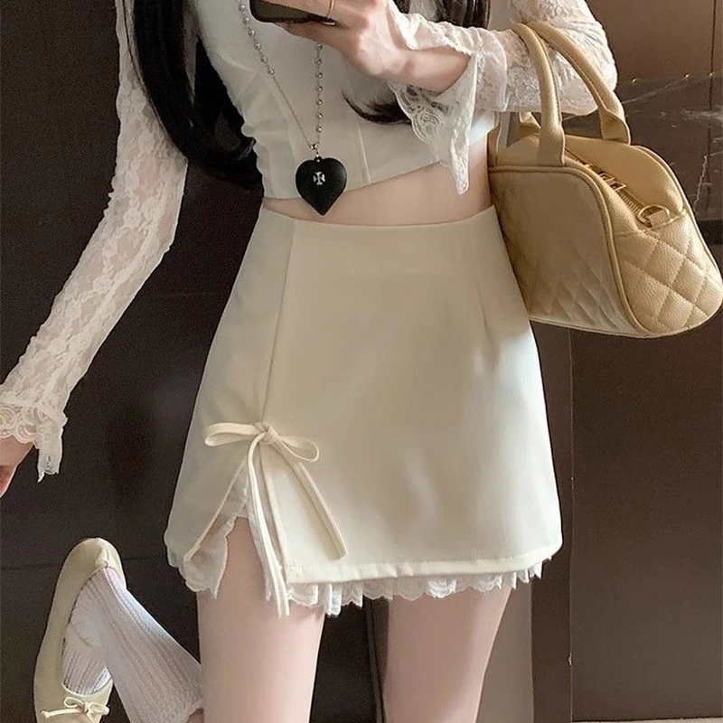 Sweet Bow Lace Up Women Mini Skirt Korean Elegant Spliced Lace Design A-line Skirt Stylish High Waist Slimming Female Slit Skirt