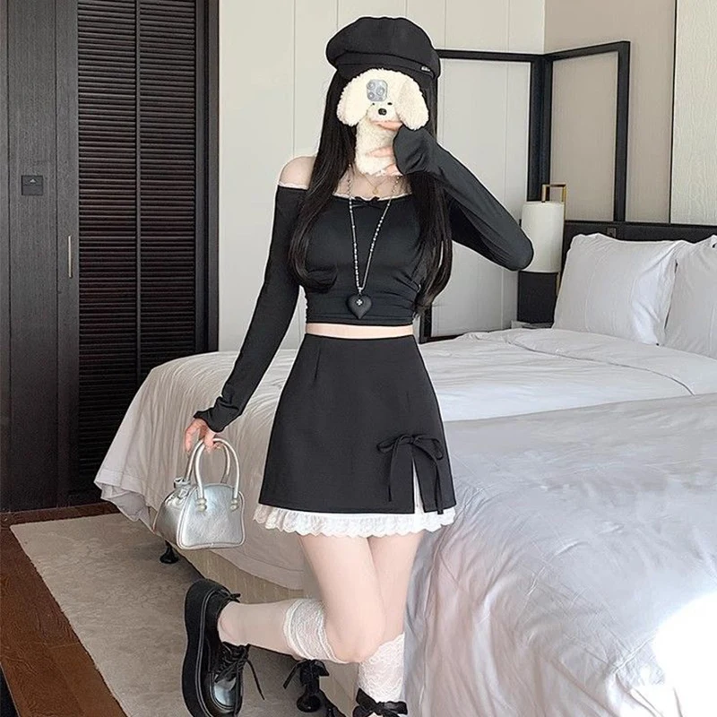 Sweet Bow Lace Up Women Mini Skirt Korean Elegant Spliced Lace Design A-line Skirt Stylish High Waist Slimming Female Slit Skirt