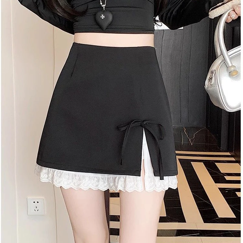 Sweet Bow Lace Up Women Mini Skirt Korean Elegant Spliced Lace Design A-line Skirt Stylish High Waist Slimming Female Slit Skirt