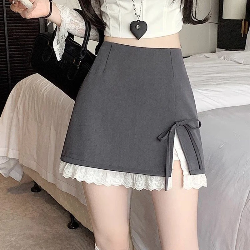 Sweet Bow Lace Up Women Mini Skirt Korean Elegant Spliced Lace Design A-line Skirt Stylish High Waist Slimming Female Slit Skirt