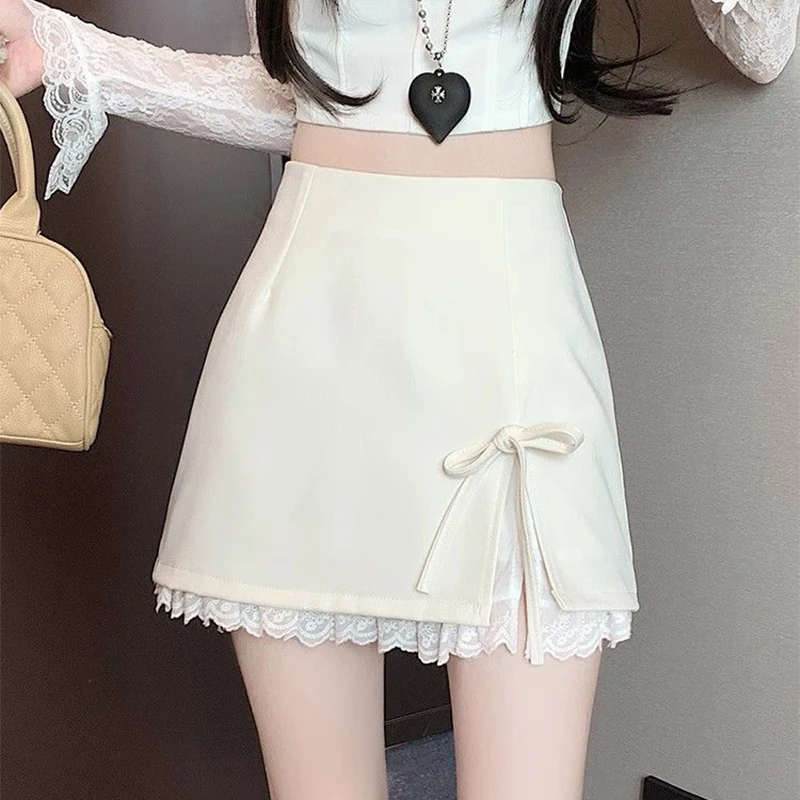 Sweet Bow Lace Up Women Mini Skirt Korean Elegant Spliced Lace Design A-line Skirt Stylish High Waist Slimming Female Slit Skirt