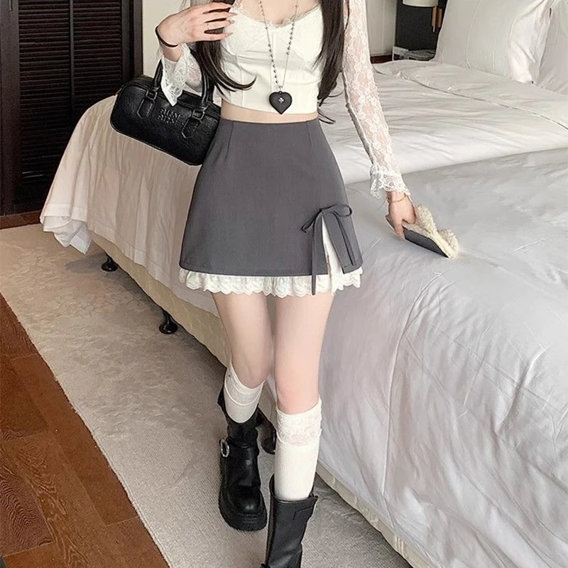 Sweet Bow Lace Up Women Mini Skirt Korean Elegant Spliced Lace Design A-line Skirt Stylish High Waist Slimming Female Slit Skirt