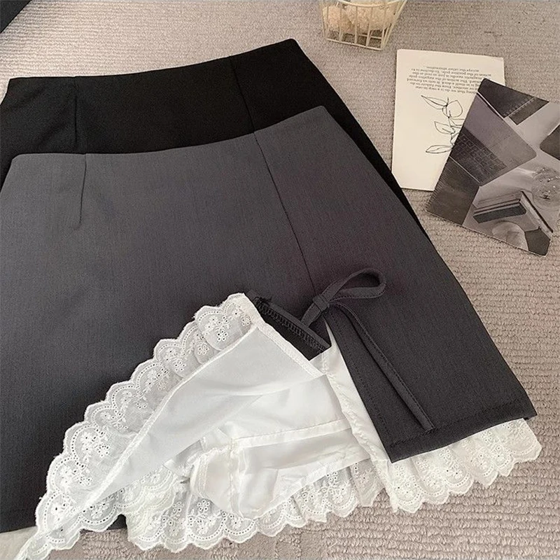 Sweet Bow Lace Up Women Mini Skirt Korean Elegant Spliced Lace Design A-line Skirt Stylish High Waist Slimming Female Slit Skirt