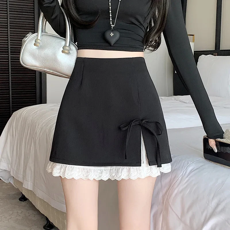 Sweet Bow Lace Up Women Mini Skirt Korean Elegant Spliced Lace Design A-line Skirt Stylish High Waist Slimming Female Slit Skirt