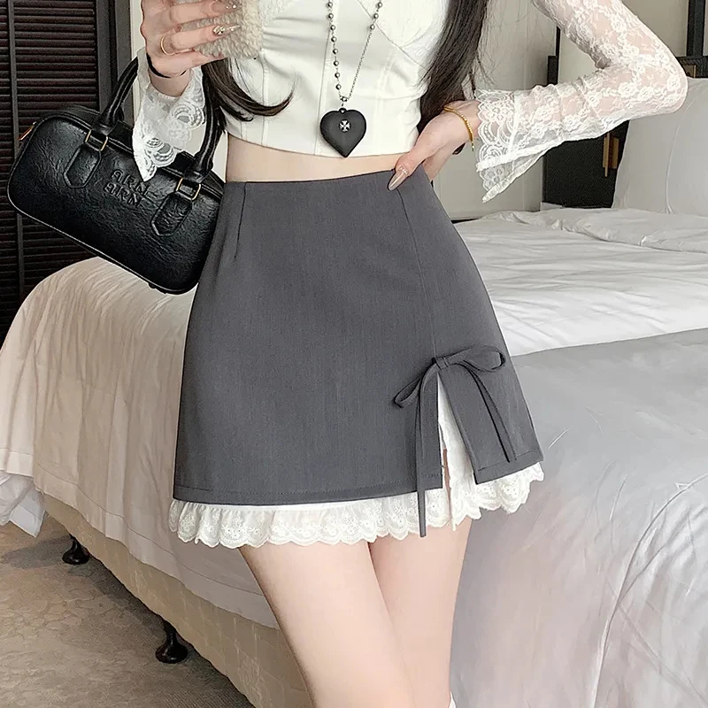 Sweet Bow Lace Up Women Mini Skirt Korean Elegant Spliced Lace Design A-line Skirt Stylish High Waist Slimming Female Slit Skirt