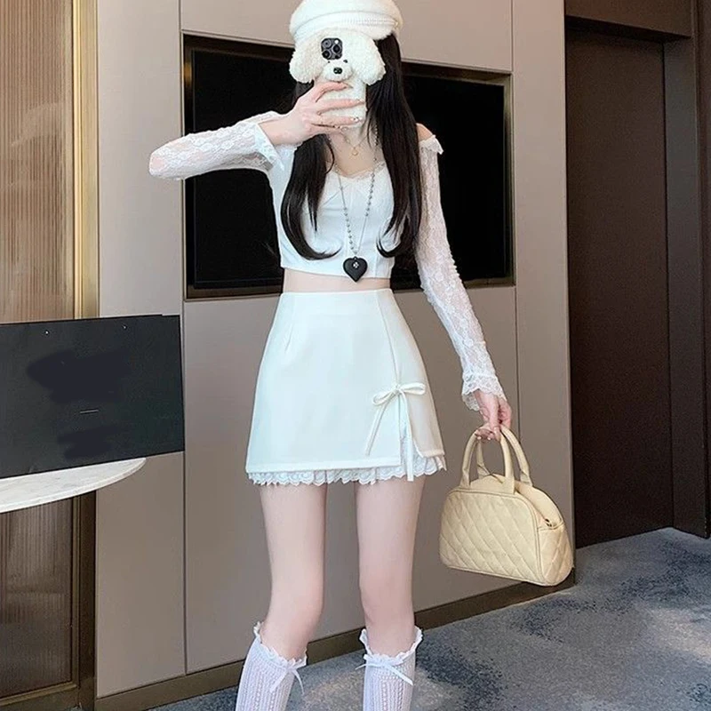 Sweet Bow Lace Up Women Mini Skirt Korean Elegant Spliced Lace Design A-line Skirt Stylish High Waist Slimming Female Slit Skirt