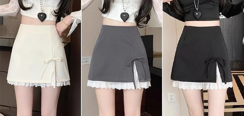 Sweet Bow Lace Up Women Mini Skirt Korean Elegant Spliced Lace Design A-line Skirt Stylish High Waist Slimming Female Slit Skirt