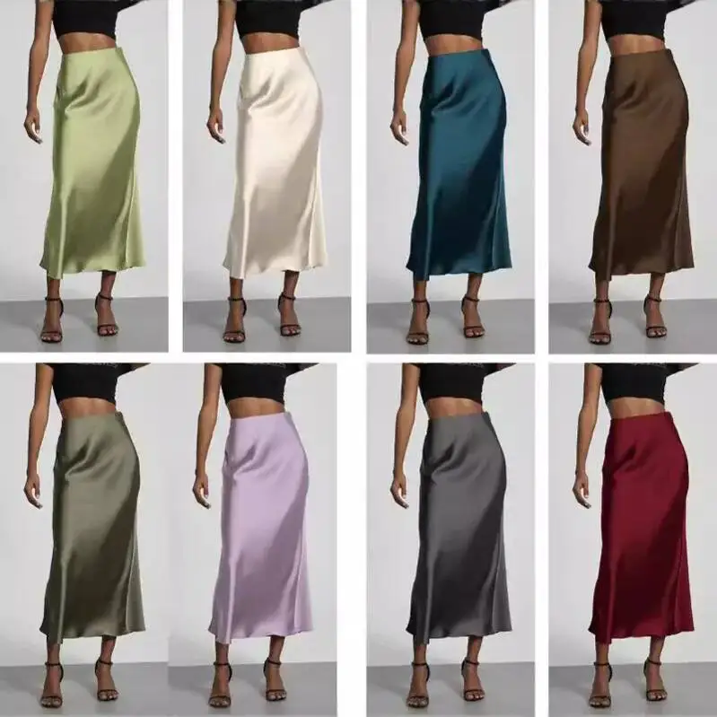 28 Colors New 2026 Women's Elegant High Waist Satin Long Skirts Female Summer Solid Color Faldas Fashion Women Skirts KBA3