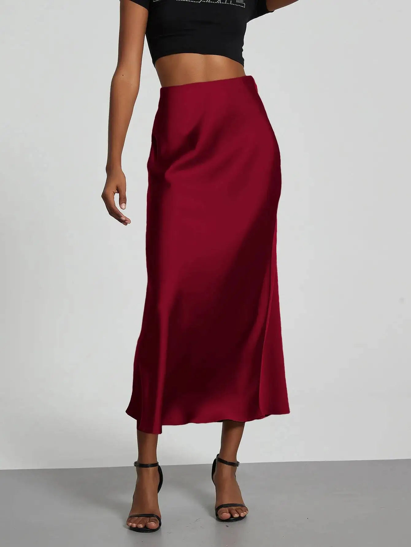 28 Colors New 2026 Women's Elegant High Waist Satin Long Skirts Female Summer Solid Color Faldas Fashion Women Skirts KBA3