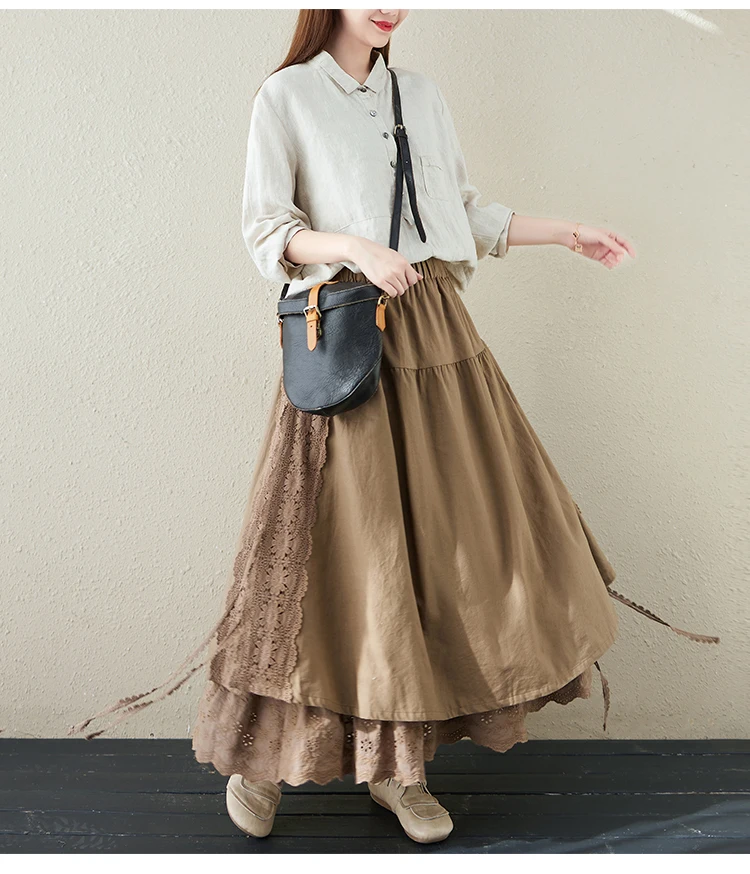 Japanese Mori Girl Embroidery Lace Cotton Linen Skirts Women Summer Vintage High Waist Casual A-Line Boho Skirts Faldas Mujer