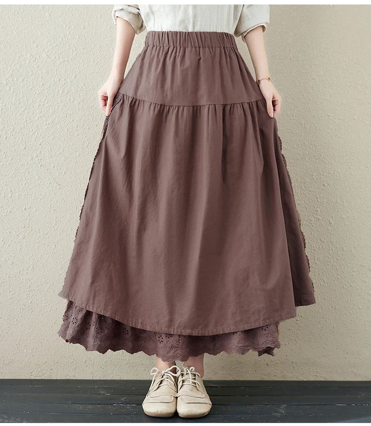 Japanese Mori Girl Embroidery Lace Cotton Linen Skirts Women Summer Vintage High Waist Casual A-Line Boho Skirts Faldas Mujer