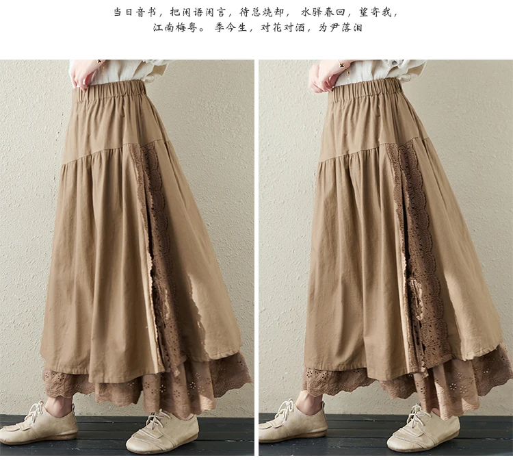 Japanese Mori Girl Embroidery Lace Cotton Linen Skirts Women Summer Vintage High Waist Casual A-Line Boho Skirts Faldas Mujer