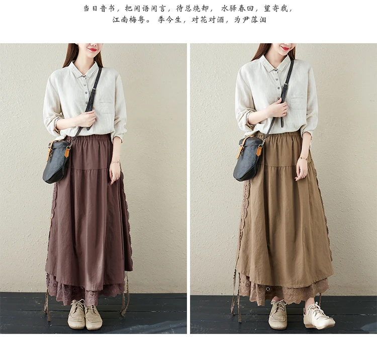Japanese Mori Girl Embroidery Lace Cotton Linen Skirts Women Summer Vintage High Waist Casual A-Line Boho Skirts Faldas Mujer