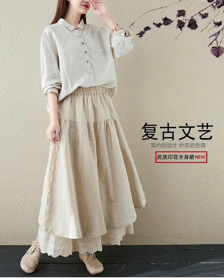 Japanese Mori Girl Embroidery Lace Cotton Linen Skirts Women Summer Vintage High Waist Casual A-Line Boho Skirts Faldas Mujer