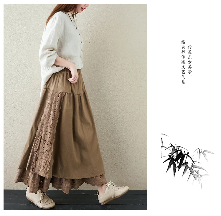 Japanese Mori Girl Embroidery Lace Cotton Linen Skirts Women Summer Vintage High Waist Casual A-Line Boho Skirts Faldas Mujer