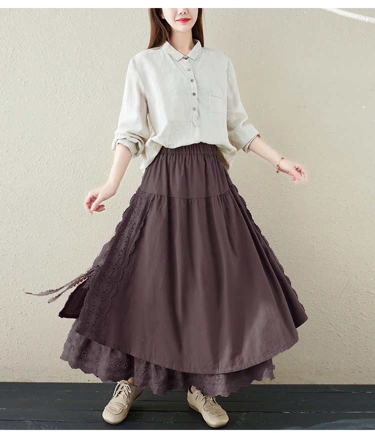 Japanese Mori Girl Embroidery Lace Cotton Linen Skirts Women Summer Vintage High Waist Casual A-Line Boho Skirts Faldas Mujer