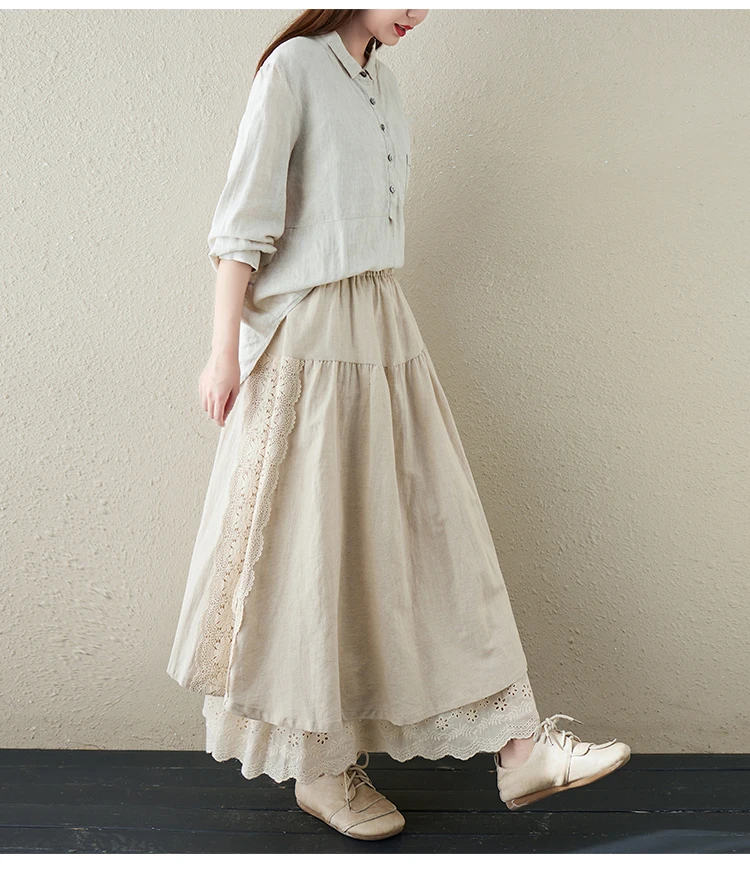 Japanese Mori Girl Embroidery Lace Cotton Linen Skirts Women Summer Vintage High Waist Casual A-Line Boho Skirts Faldas Mujer