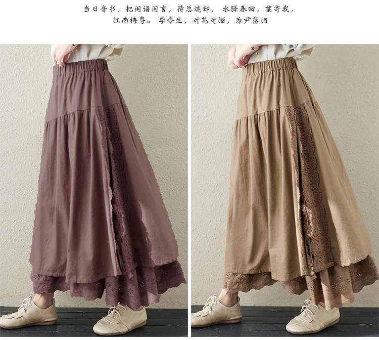 Japanese Mori Girl Embroidery Lace Cotton Linen Skirts Women Summer Vintage High Waist Casual A-Line Boho Skirts Faldas Mujer
