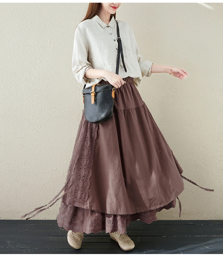 Japanese Mori Girl Embroidery Lace Cotton Linen Skirts Women Summer Vintage High Waist Casual A-Line Boho Skirts Faldas Mujer