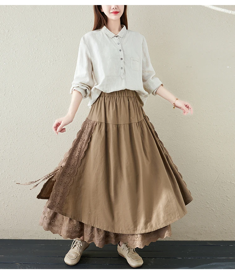 Japanese Mori Girl Embroidery Lace Cotton Linen Skirts Women Summer Vintage High Waist Casual A-Line Boho Skirts Faldas Mujer