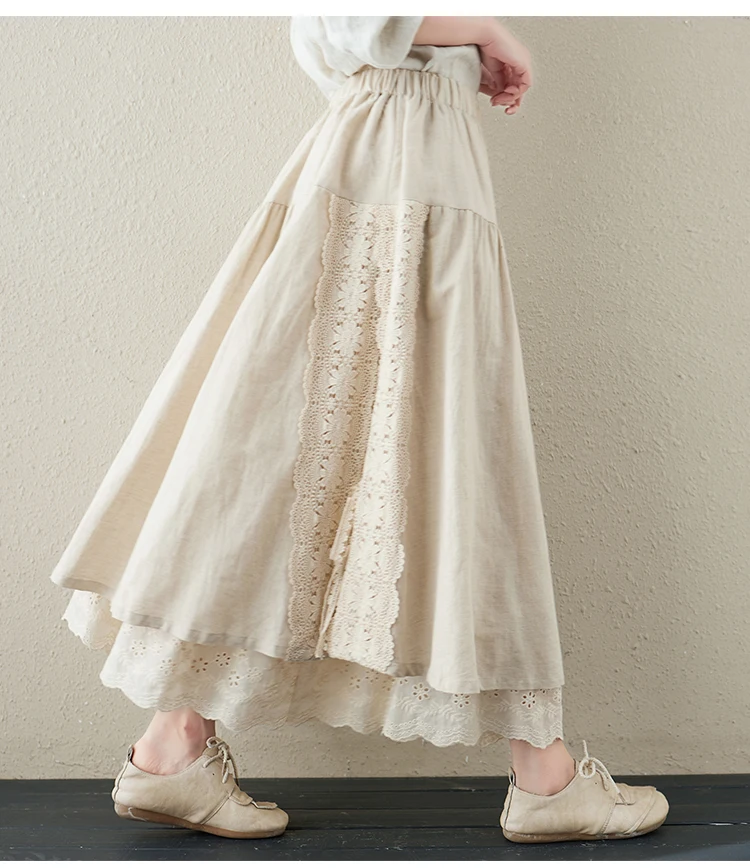 Japanese Mori Girl Embroidery Lace Cotton Linen Skirts Women Summer Vintage High Waist Casual A-Line Boho Skirts Faldas Mujer
