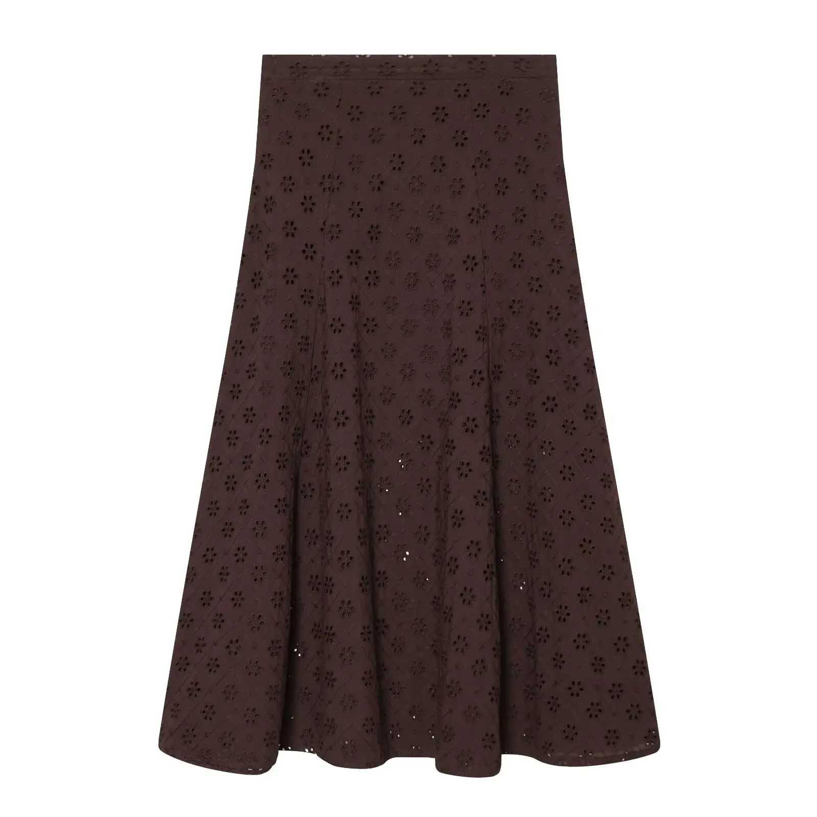 YENKYE New 2026 Women Brown Hollow Out Embroidery Midi Skirt Casual High Waist A-line Holiday Summer Skirts Faldas Mujer