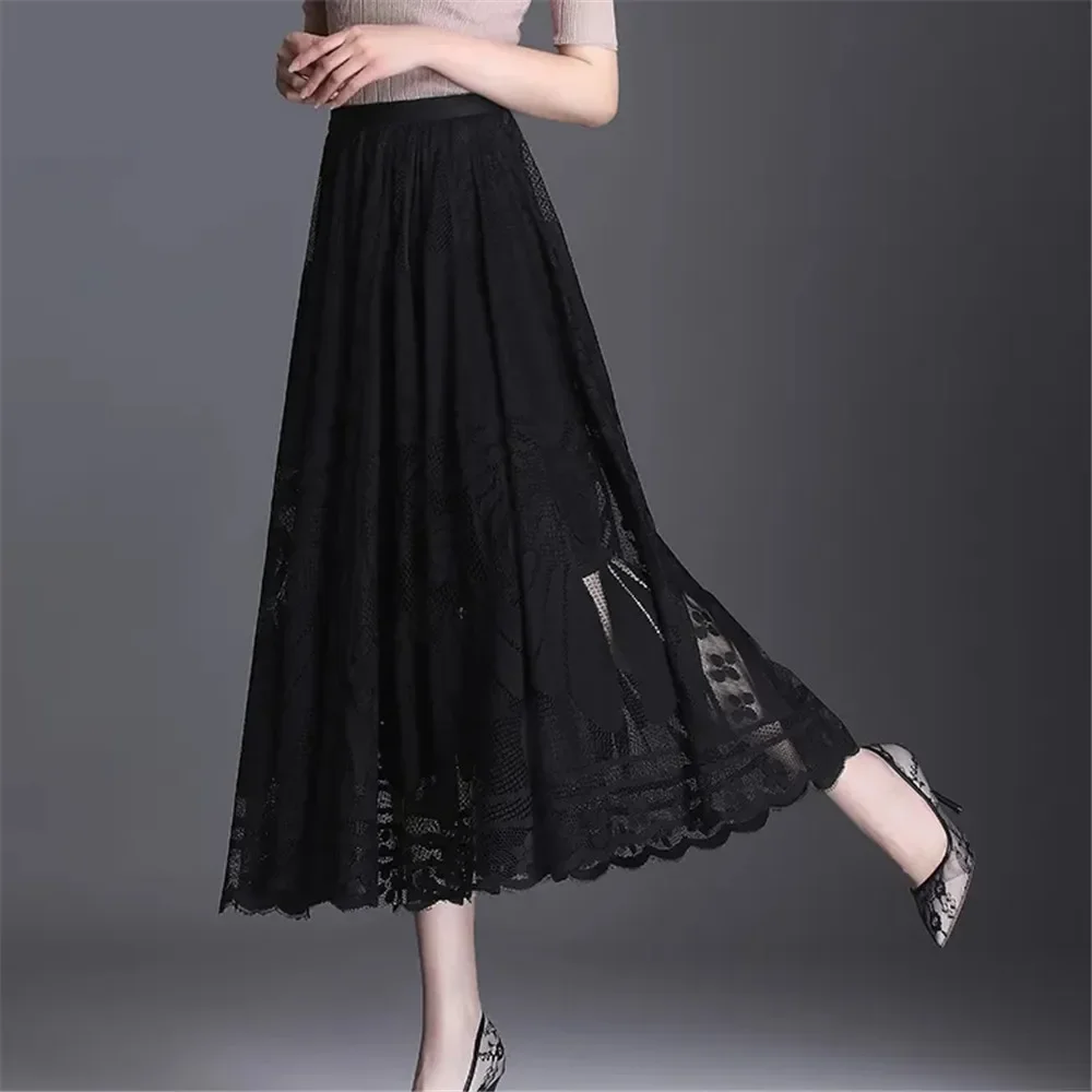 Elegant High Waist Lace Skirt Women'S New A-Word Black Long Skirt Office Ladies Big Swing Gauze Hollow Pleated Skirt Streetwear