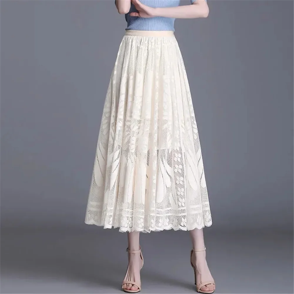 Elegant High Waist Lace Skirt Women'S New A-Word Black Long Skirt Office Ladies Big Swing Gauze Hollow Pleated Skirt Streetwear