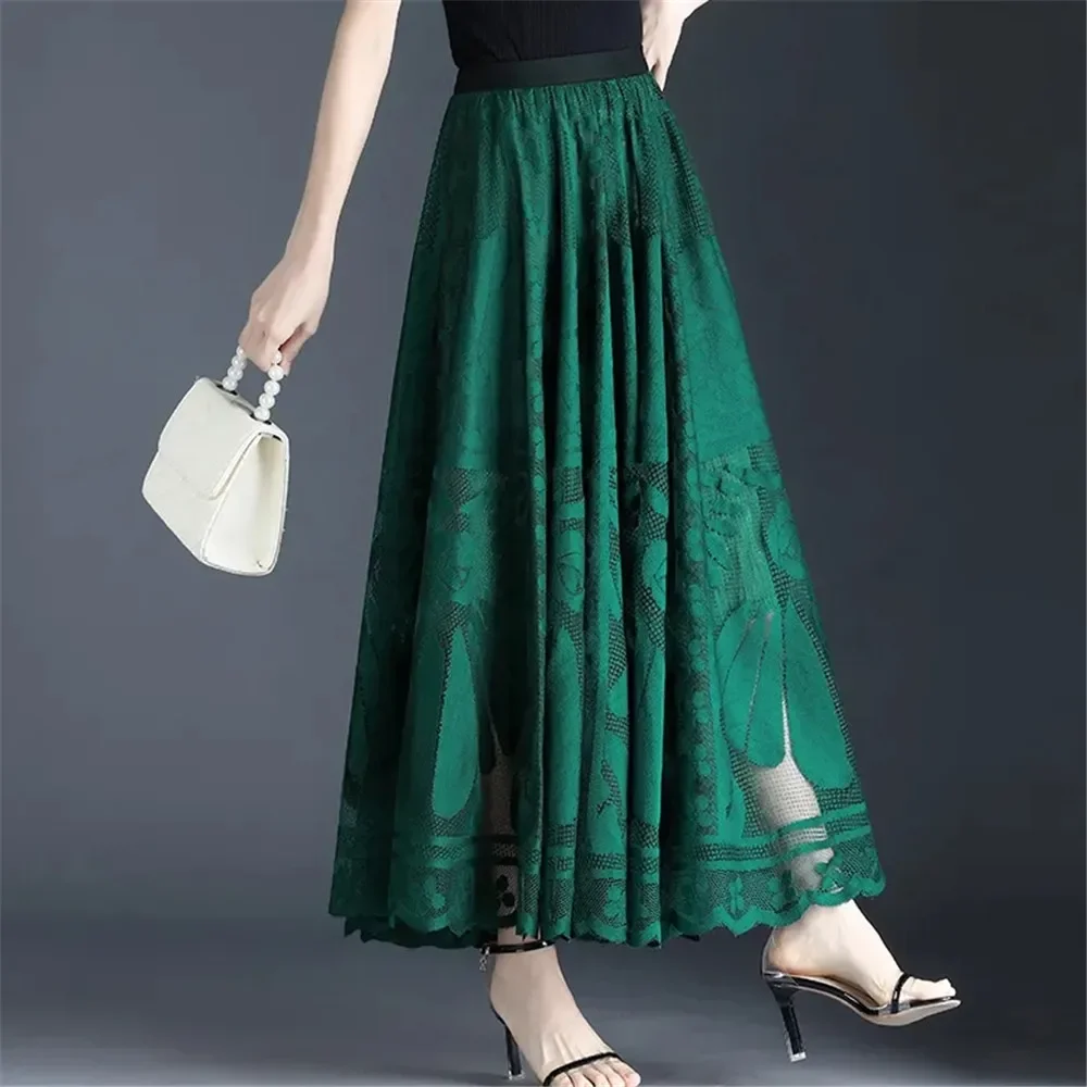 Elegant High Waist Lace Skirt Women'S New A-Word Black Long Skirt Office Ladies Big Swing Gauze Hollow Pleated Skirt Streetwear