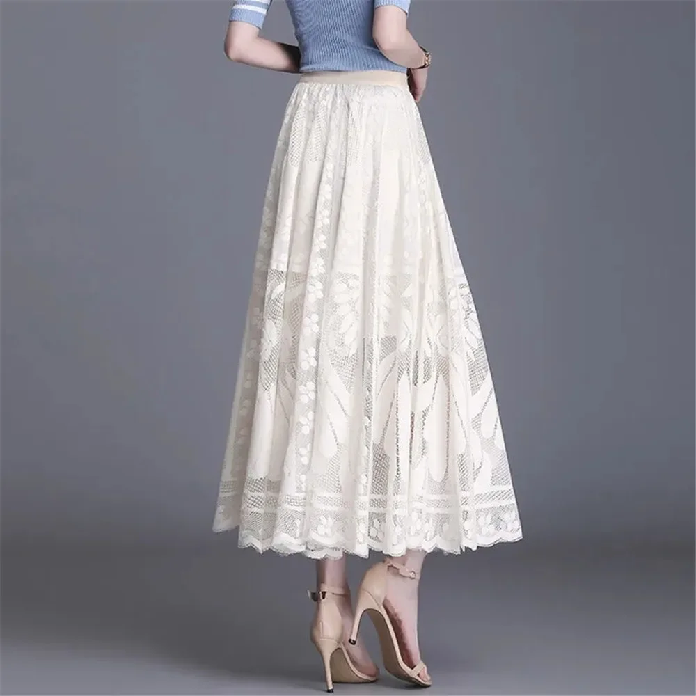 Elegant High Waist Lace Skirt Women'S New A-Word Black Long Skirt Office Ladies Big Swing Gauze Hollow Pleated Skirt Streetwear