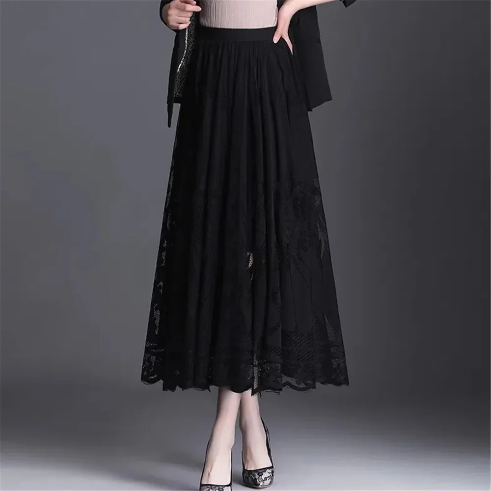 Elegant High Waist Lace Skirt Women'S New A-Word Black Long Skirt Office Ladies Big Swing Gauze Hollow Pleated Skirt Streetwear