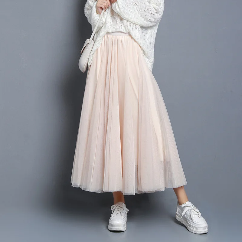 Hot Women Mesh Elastic Tutu Skirt Beach Spring Summer Korean High Waist Fashion Pleated Long Skirt Black White Tulle Skirts