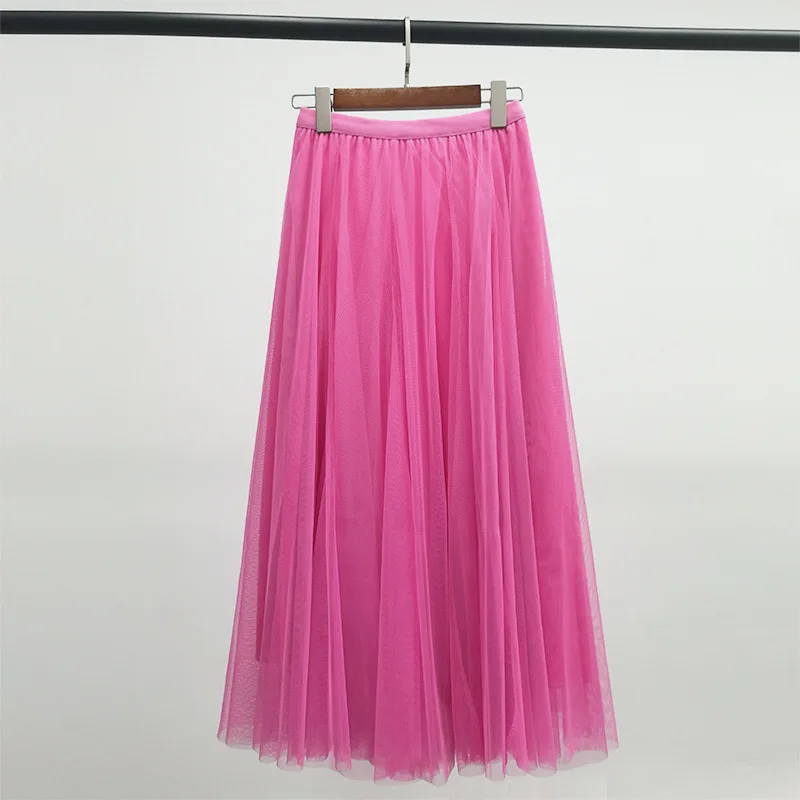 Hot Women Mesh Elastic Tutu Skirt Beach Spring Summer Korean High Waist Fashion Pleated Long Skirt Black White Tulle Skirts
