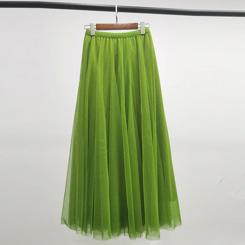 Hot Women Mesh Elastic Tutu Skirt Beach Spring Summer Korean High Waist Fashion Pleated Long Skirt Black White Tulle Skirts