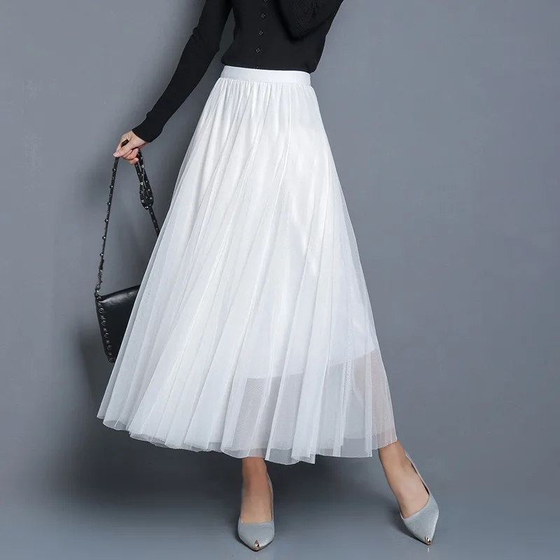 Hot Women Mesh Elastic Tutu Skirt Beach Spring Summer Korean High Waist Fashion Pleated Long Skirt Black White Tulle Skirts