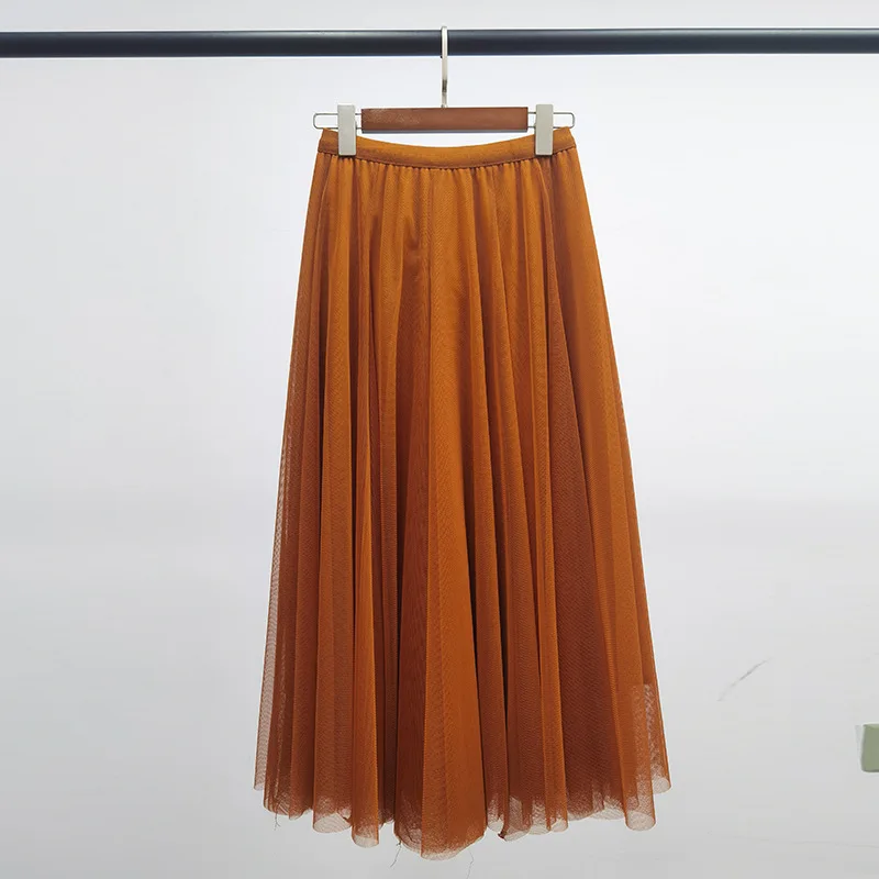 Hot Women Mesh Elastic Tutu Skirt Beach Spring Summer Korean High Waist Fashion Pleated Long Skirt Black White Tulle Skirts
