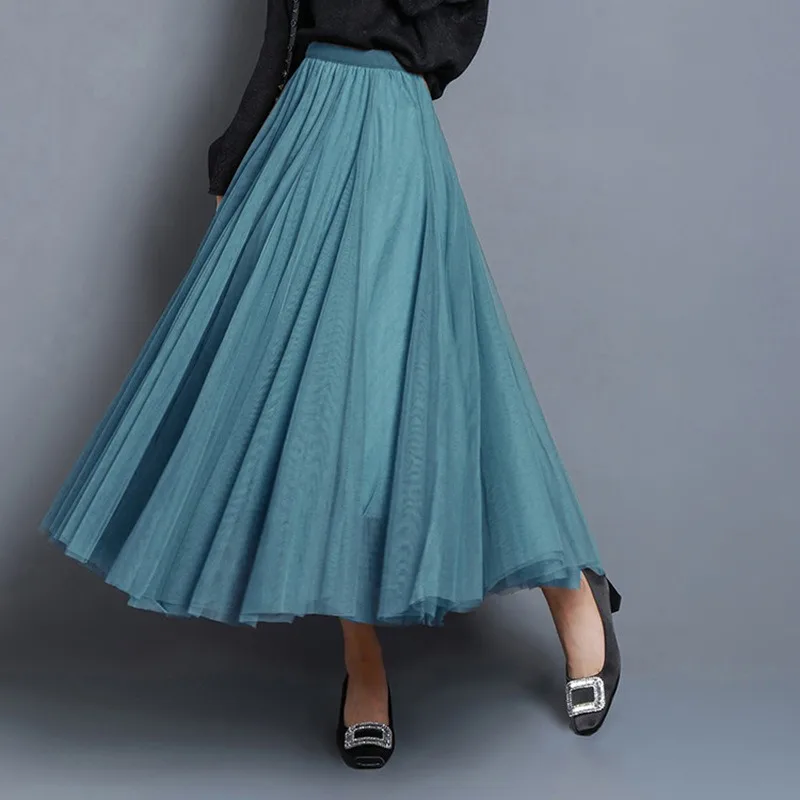 Hot Women Mesh Elastic Tutu Skirt Beach Spring Summer Korean High Waist Fashion Pleated Long Skirt Black White Tulle Skirts
