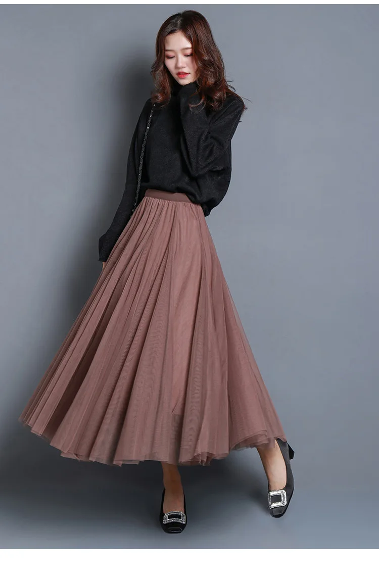 Hot Women Mesh Elastic Tutu Skirt Beach Spring Summer Korean High Waist Fashion Pleated Long Skirt Black White Tulle Skirts